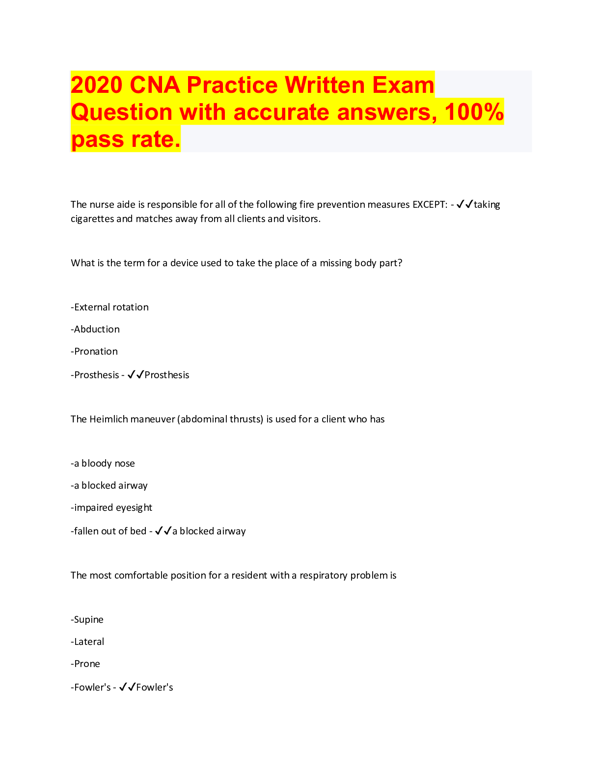 test bank questions cna