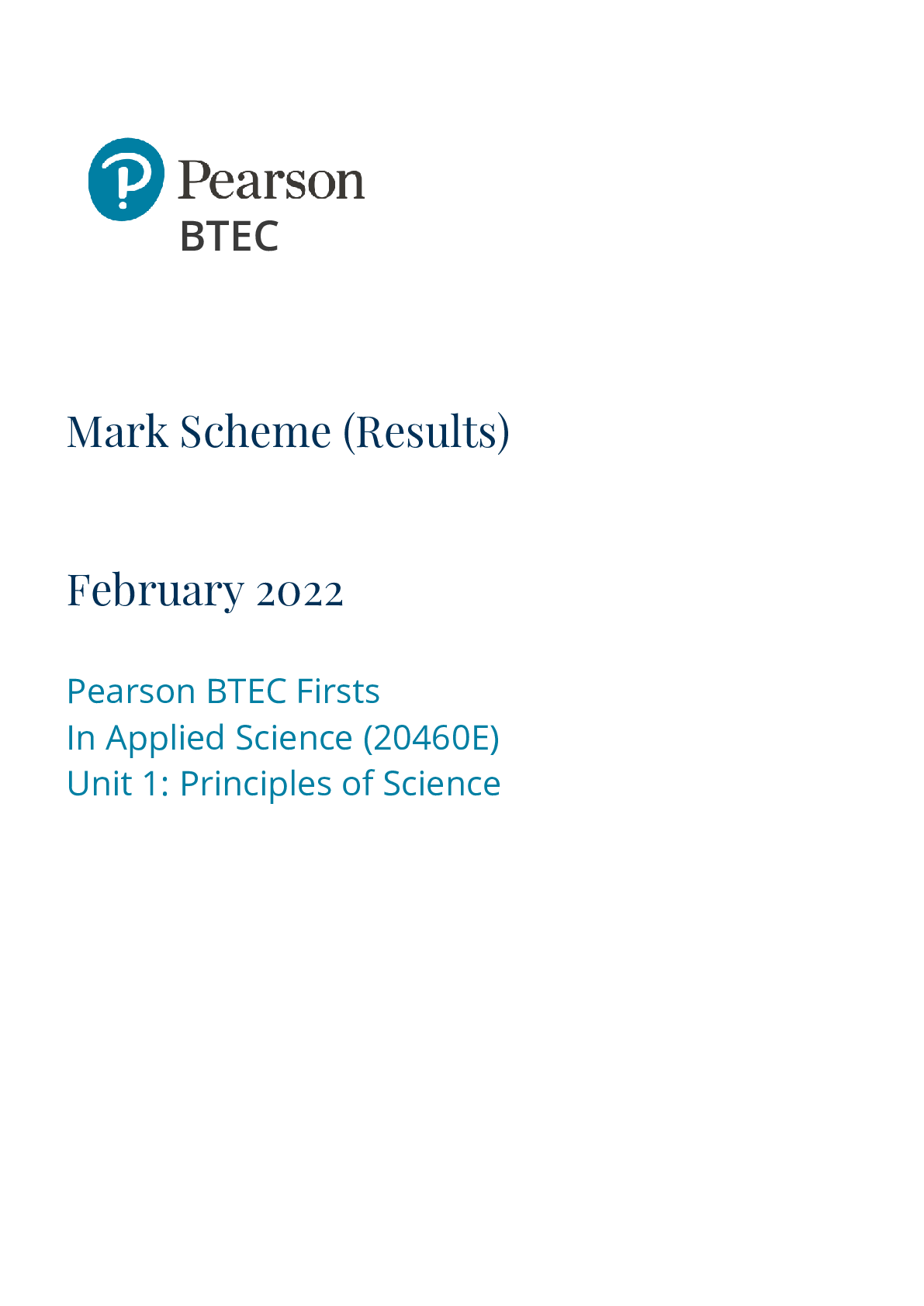 Pearson BTEC Firsts In Applied Science (20460E) Unit 1 Principles of