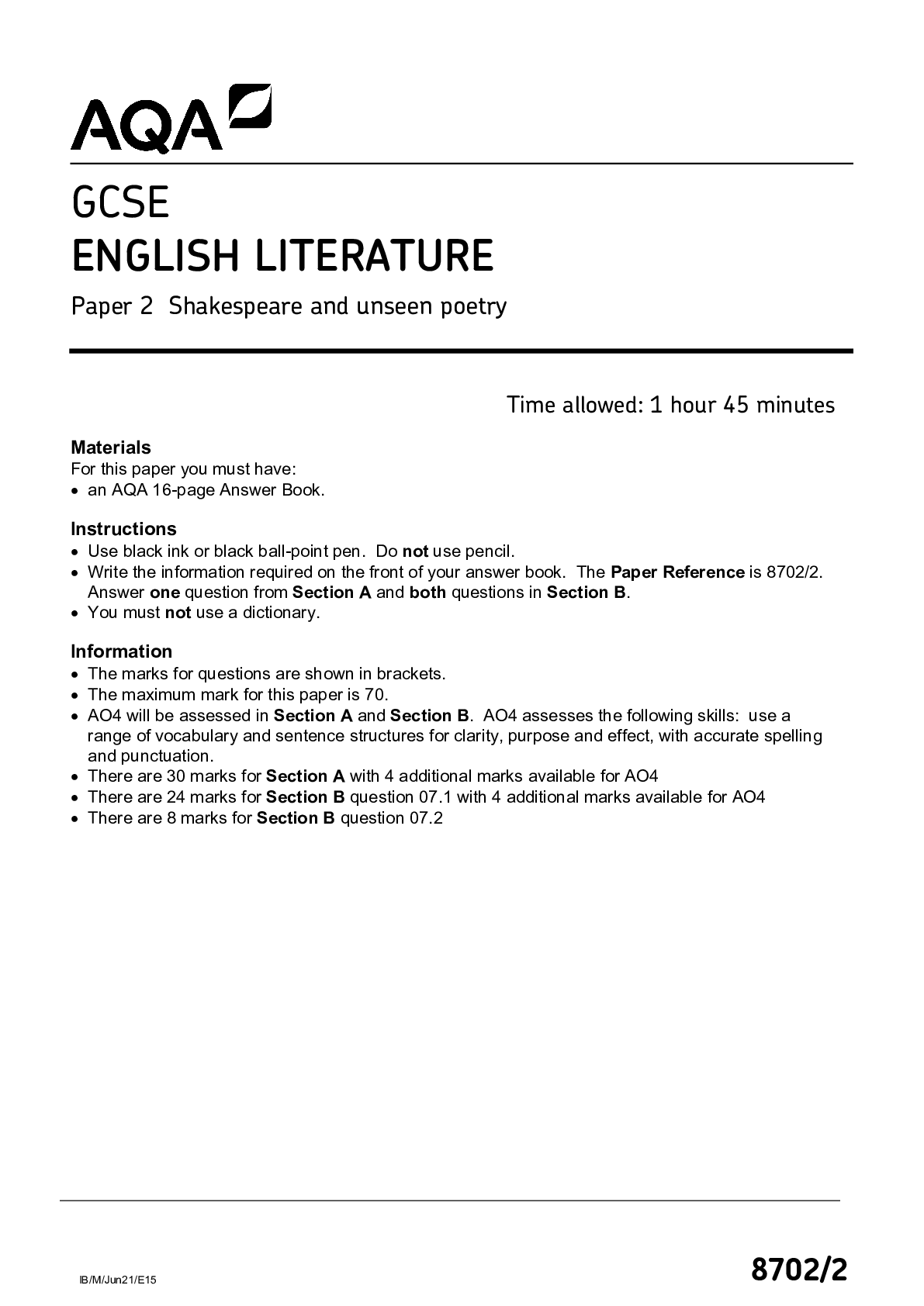 AQA GCSE ENGLISH LITERATURE Paper 2 Shakespeare and unseen poetry 8702/ ...