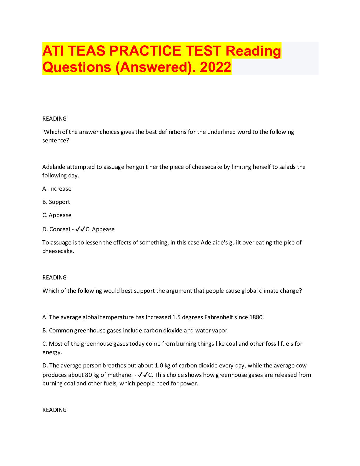 ATI TEAS PRACTICE TEST Reading Questions (Answered). 2022 - Browsegrades