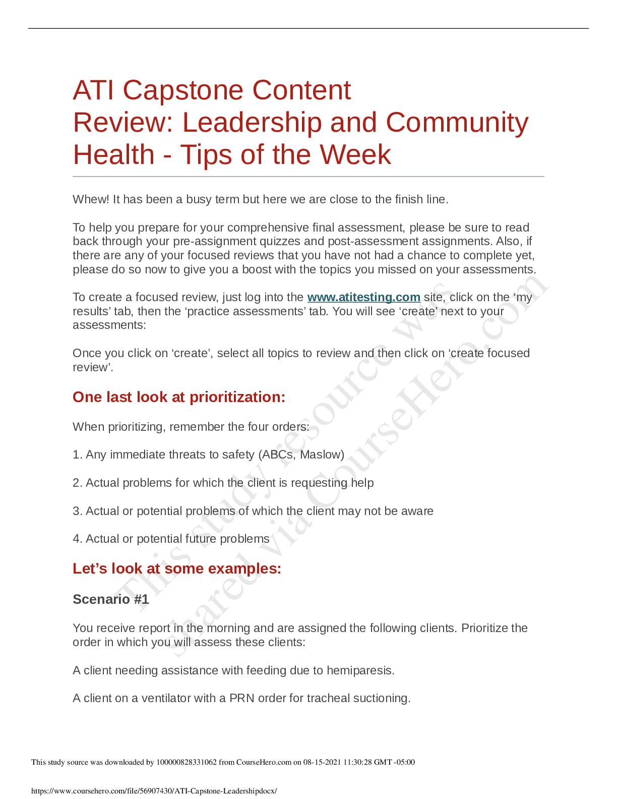 ati capstone leadership and community health pre assignment quiz