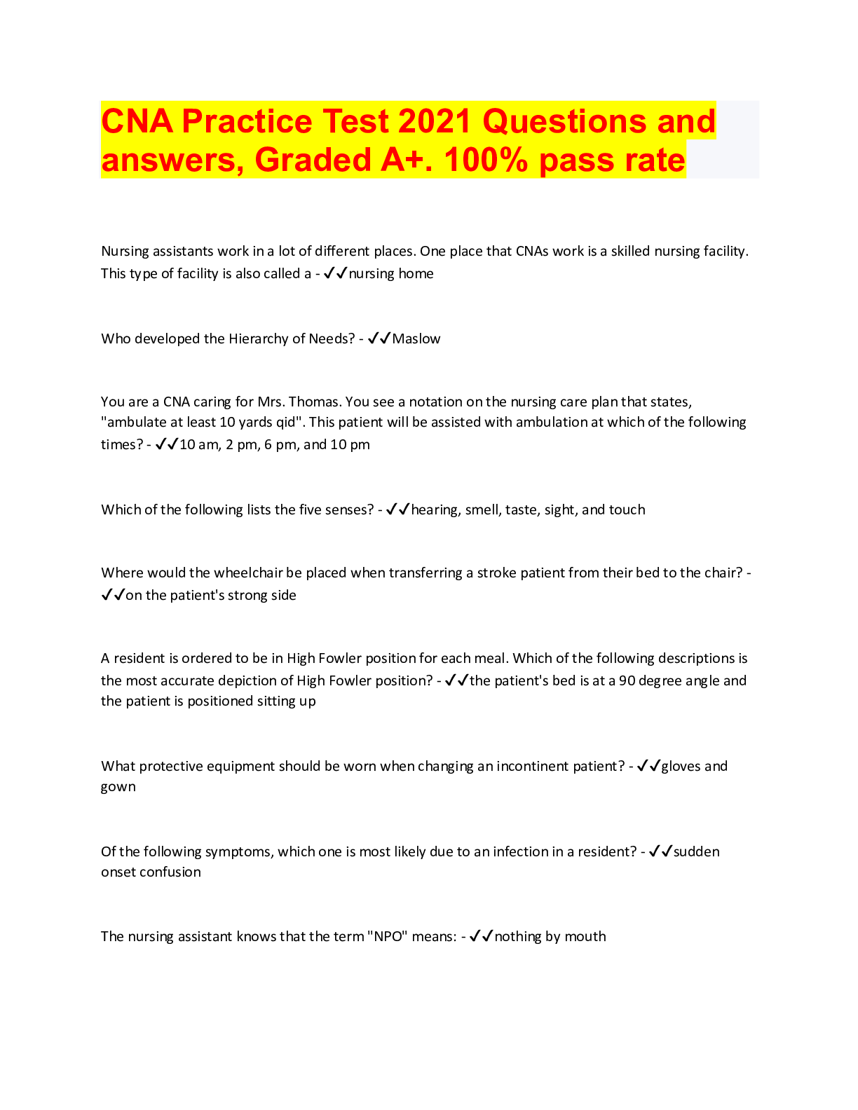 florida cna tests questions and answers