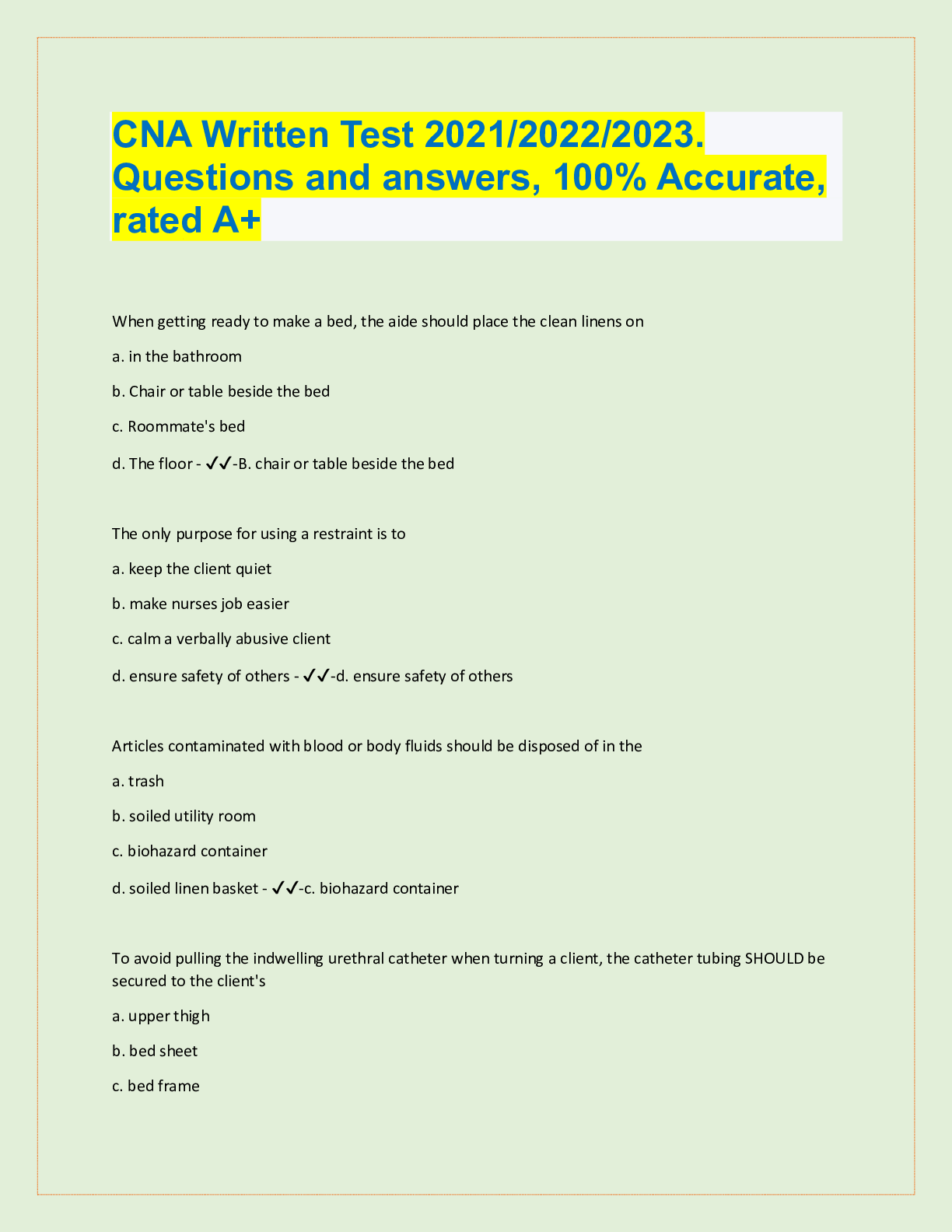 questions and answers to thr cna test