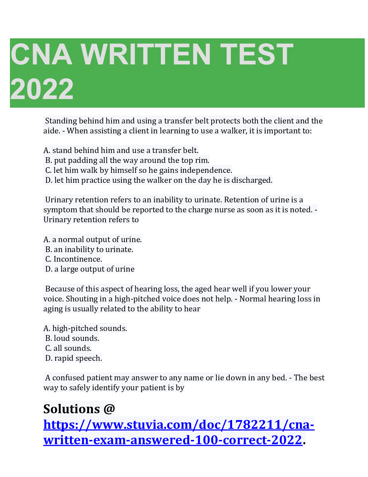 cna written test practice test questions