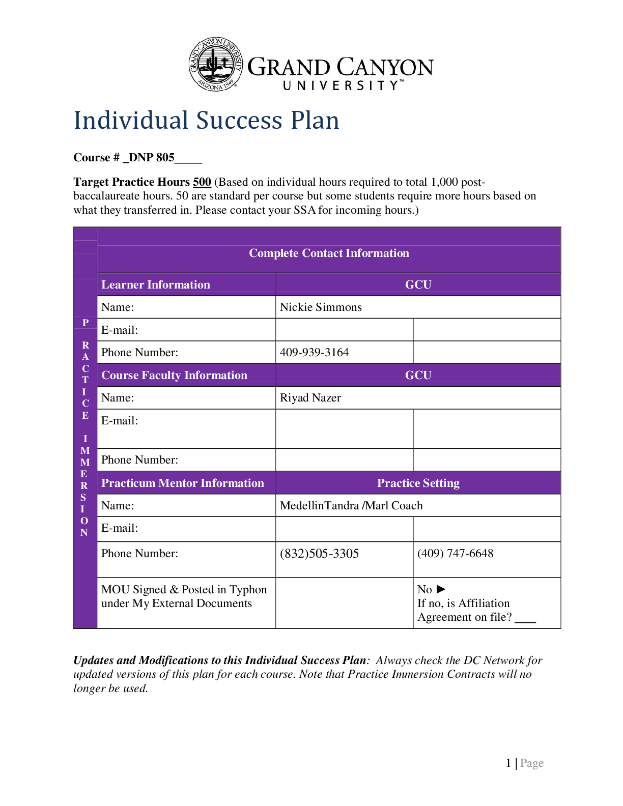 Individual Success Plan Student Document DNP805 docx pdf