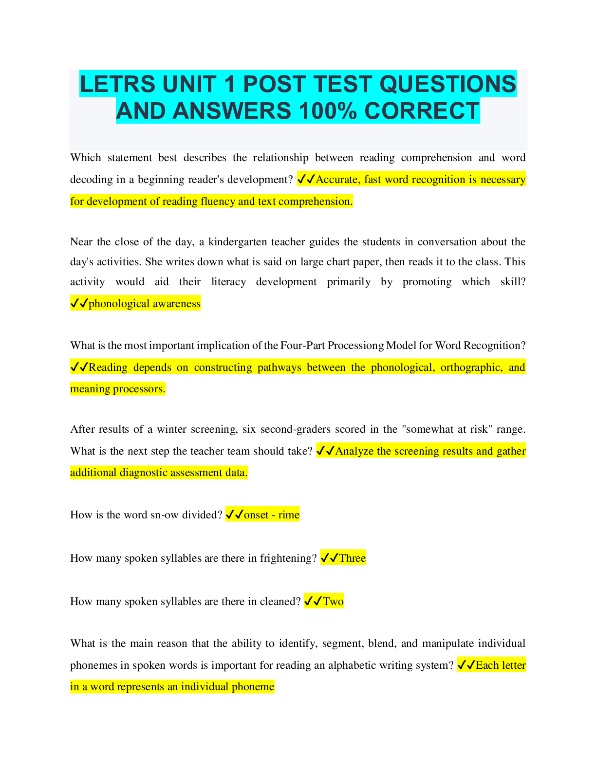 LETRS UNIT 1 POST TEST QUESTIONS AND ANSWERS 100% CORRECT Browsegrades