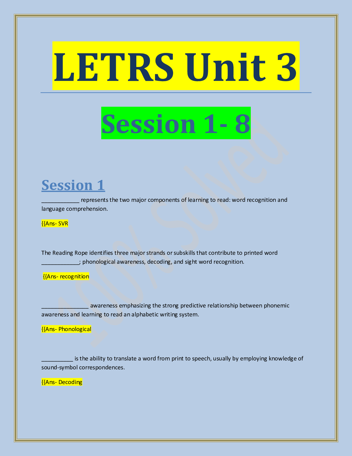 LETRS Unit 3 Session 1 8 Questions and Answers 100% Verified