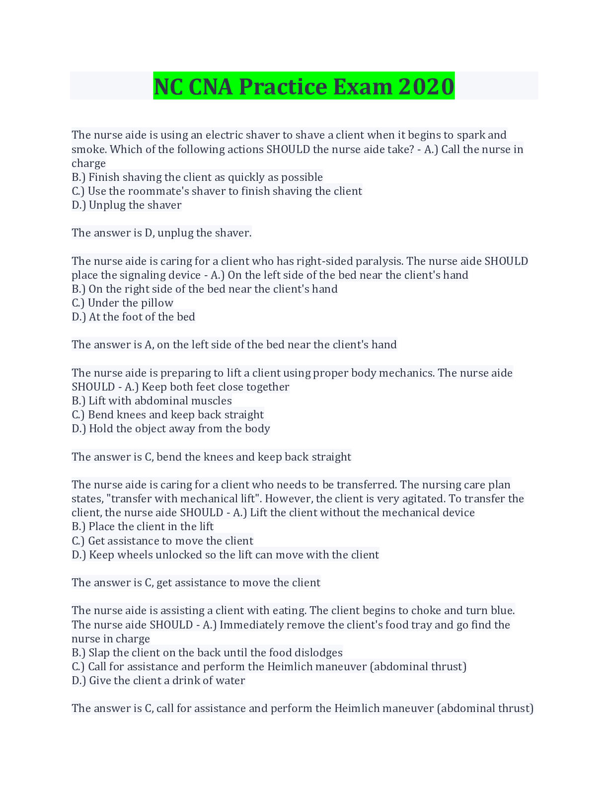 practice questions for tennessee cna test exam