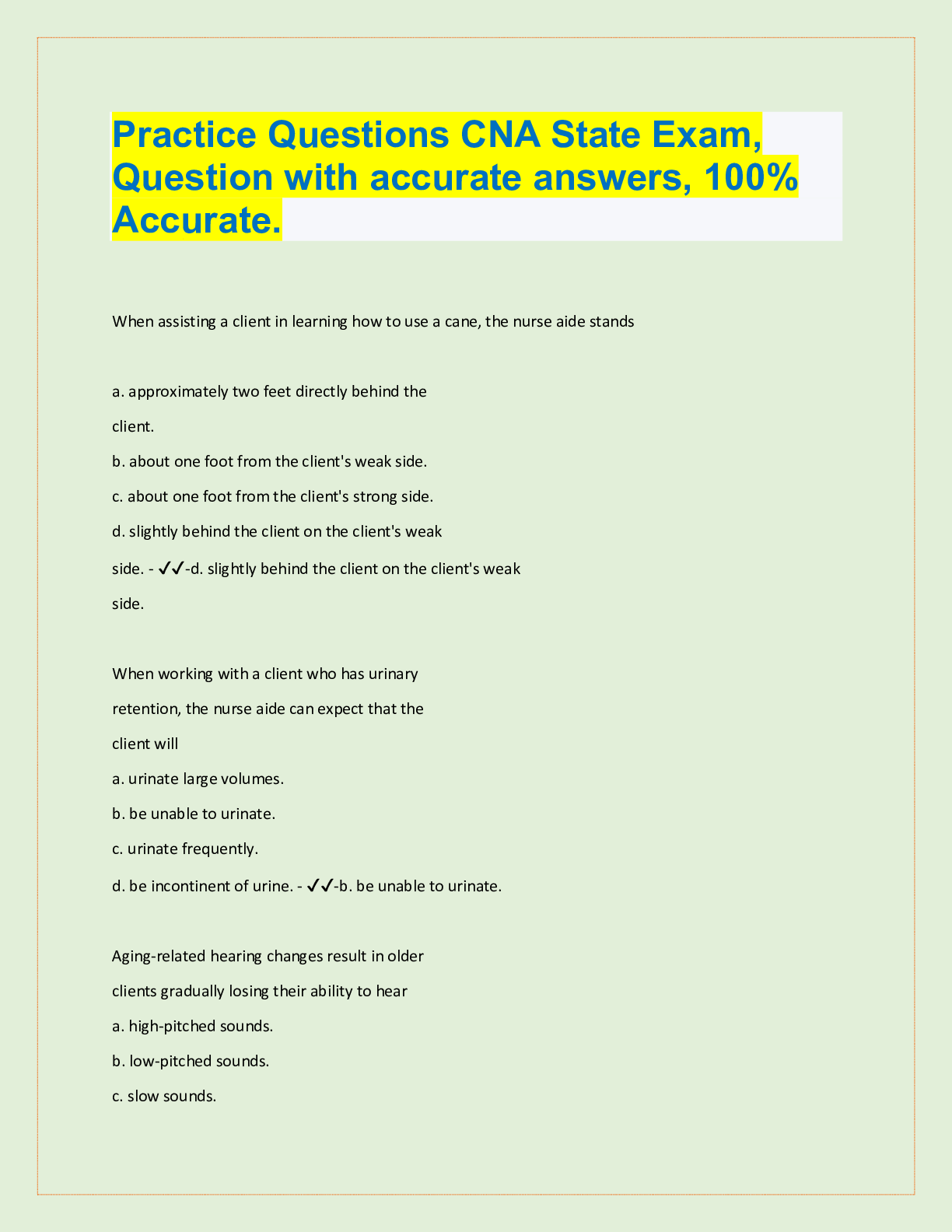 cna test questions and answers 2015