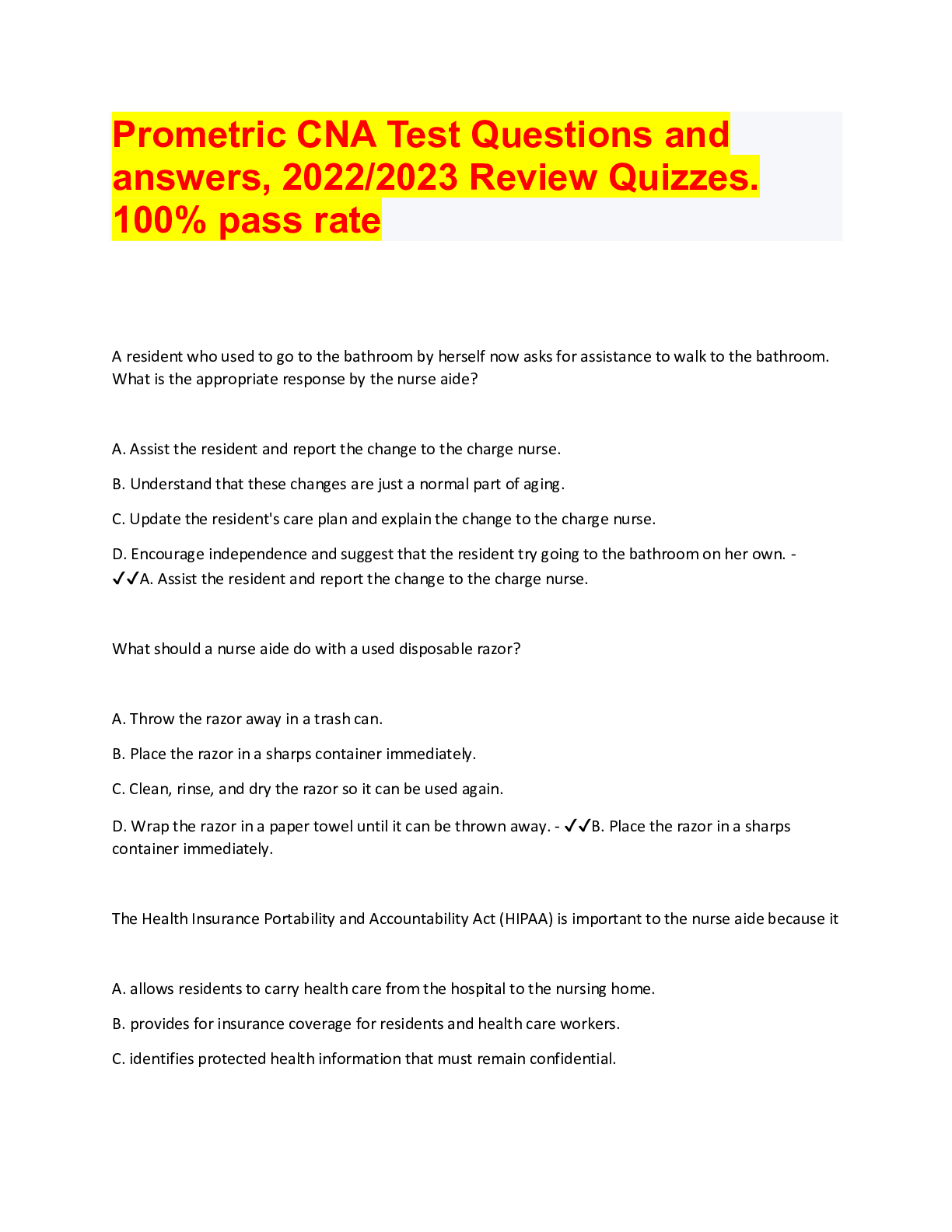 sample cna 1oregon test questions