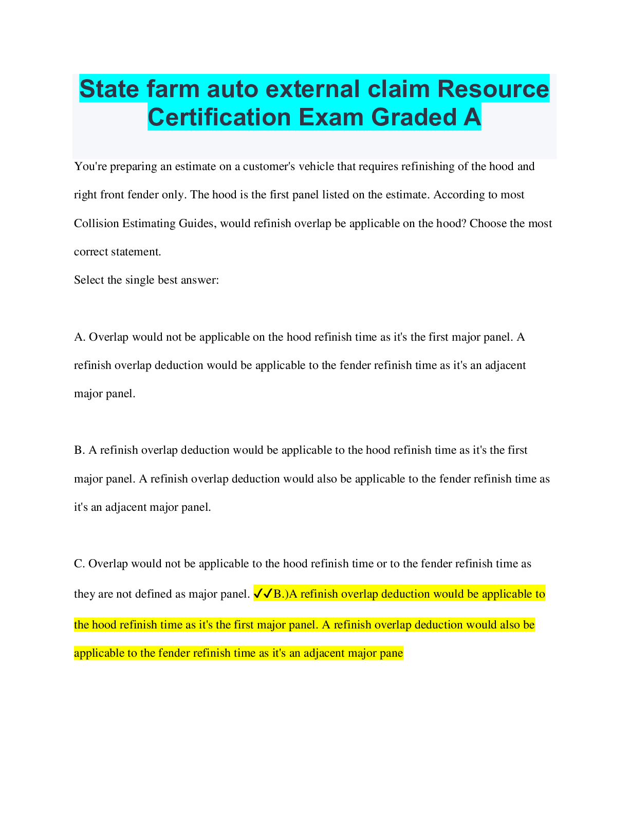 State farm auto external claim Resource Certification Exam Graded A