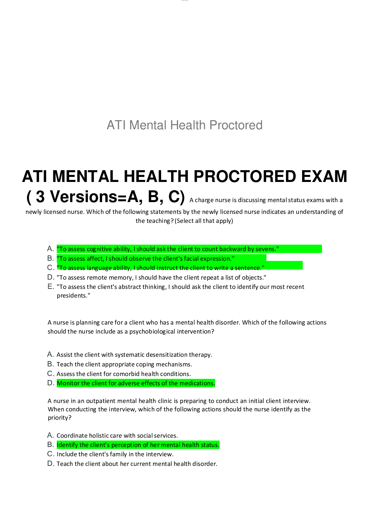 ATI MENTAL HEALTH PROCTORED EXAM ( 3 Versions=A, B, C) Browsegrades