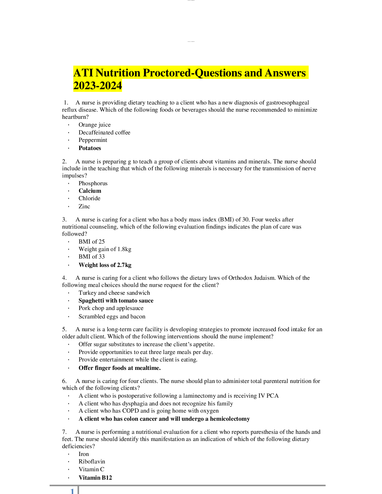 ATI Nutrition ProctoredQuestions and Answers 20232024 Browsegrades