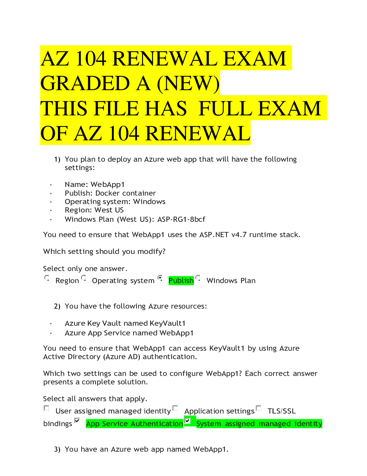 AZ 104 RENEWAL EXAM QUESTION AND ANSWER UPDATED 2022 Browsegrades