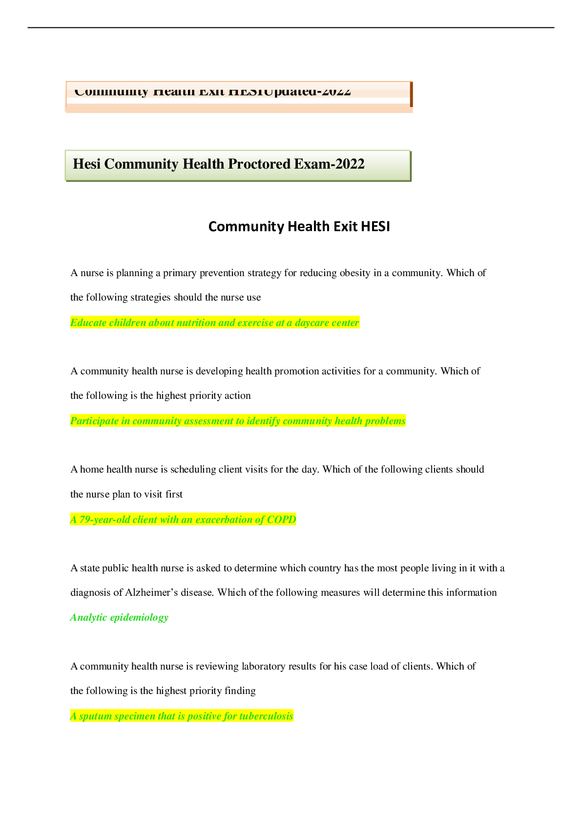 Hesi Community Health Proctored Exam2022 UPDATED EXAM Browsegrades