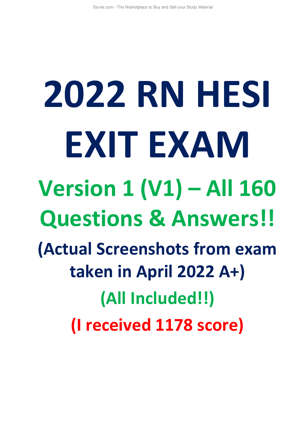 2022 RN HESI EXIT EXAM Version 1 (V1) All 160 Questions & Answers