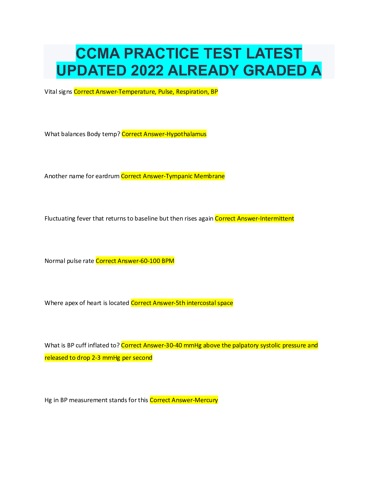 CCMA PRACTICE TEST LATEST UPDATED 2022 ALREADY GRADED Browsegrades