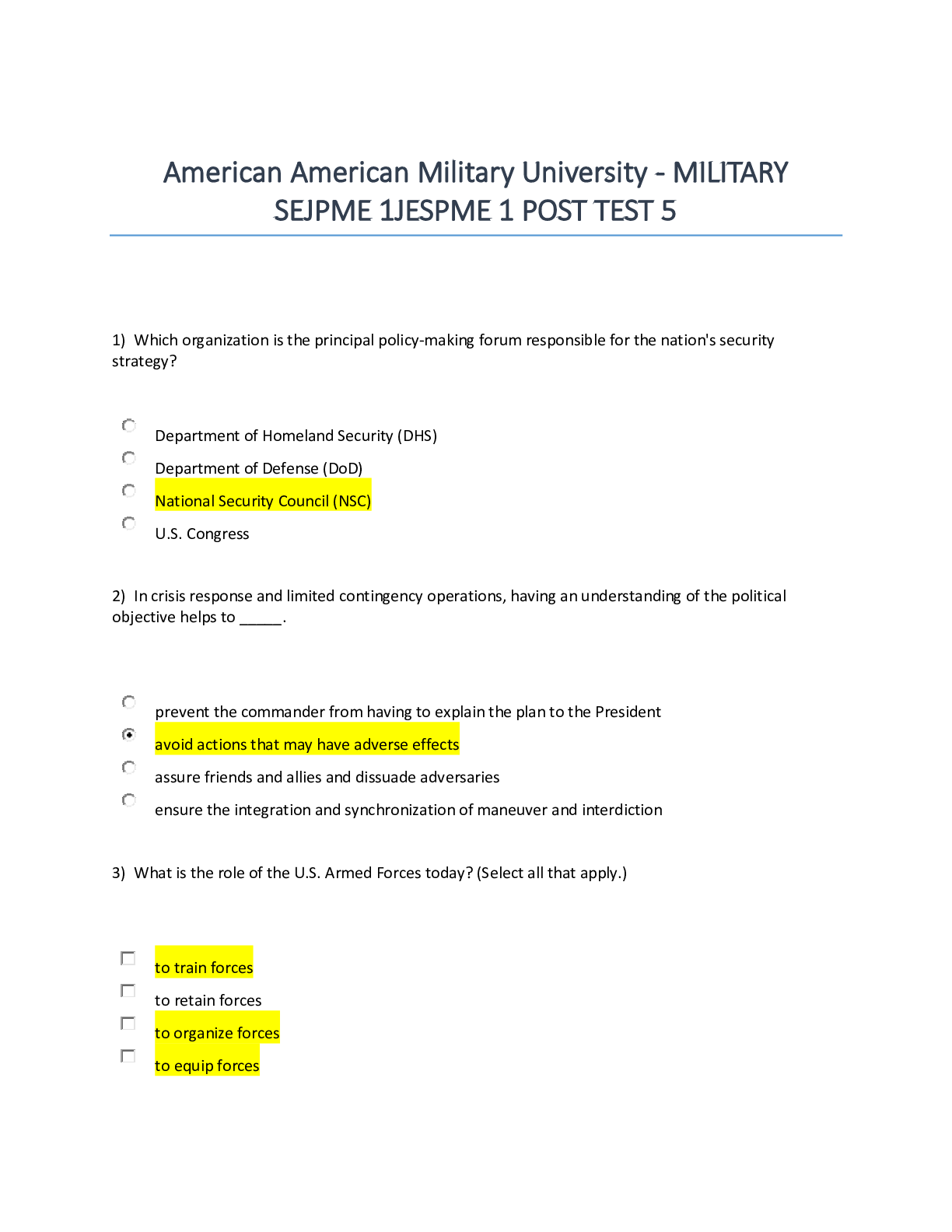 American American Military University Military Sejpme 1jespme 1 Post Test 5 Updated And Revised
